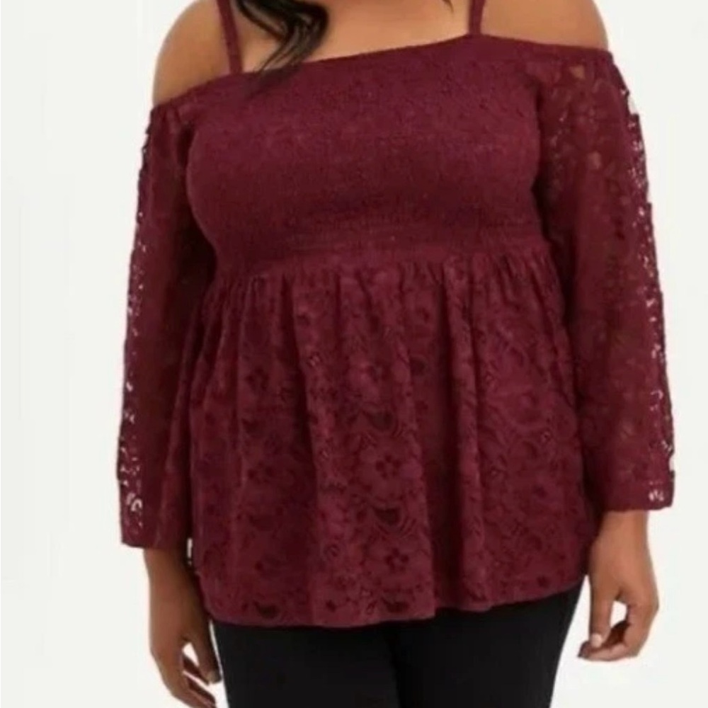 Torrid Maroon Lace Cold-Shoulder Blouse